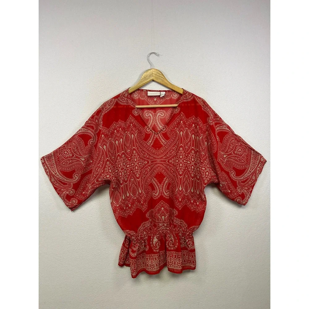 Chico's Boho Paisley Peplum Women L Red Kimono Sleeve V-Neck Chiffon Blouse